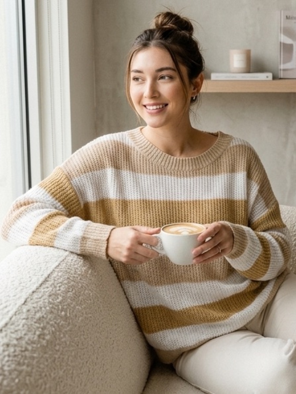 Entro | Making Waves Beach Stripe Sweater Sand Combo Tan Beige Cream New Medium